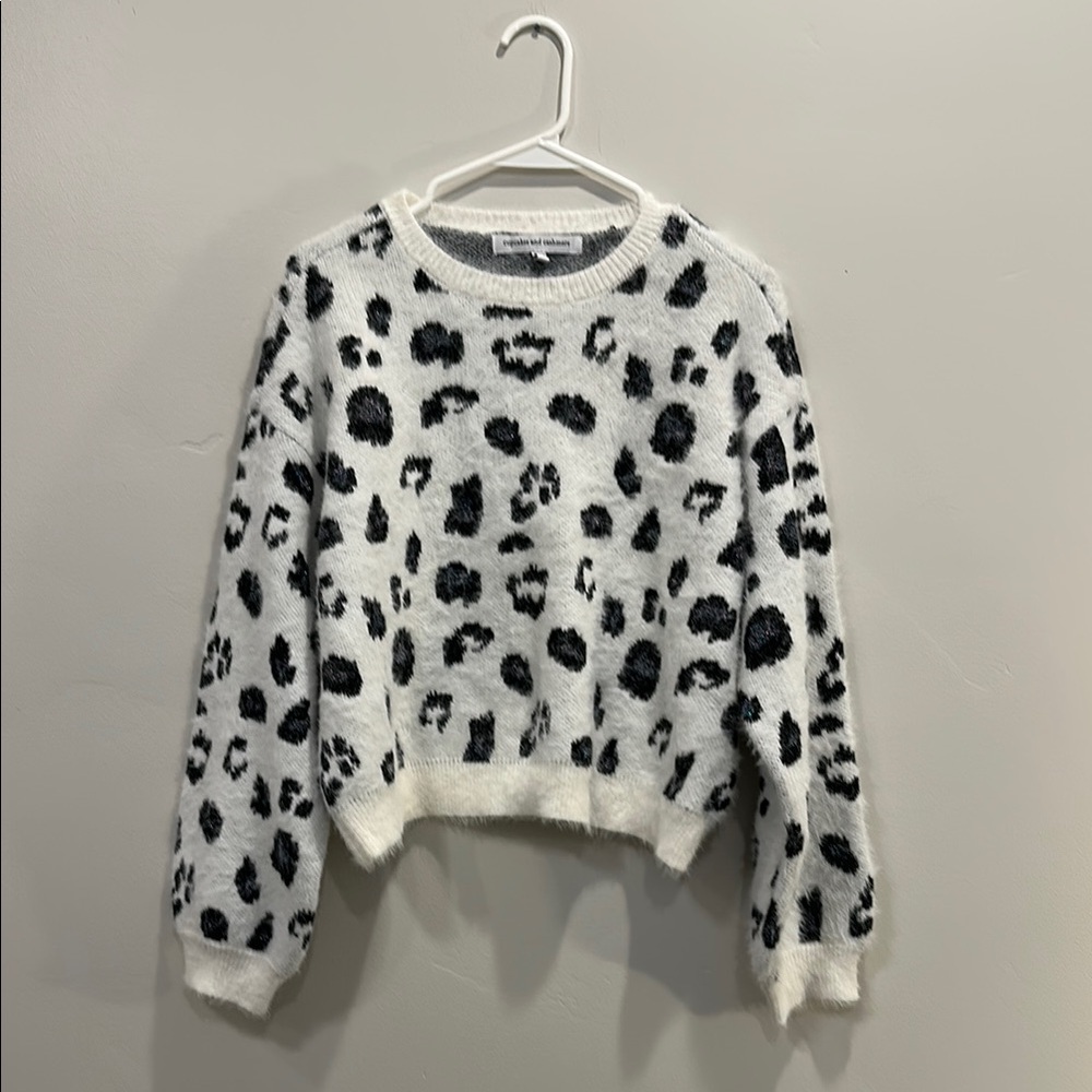 Cupcakes & Cashmere Black and White Crew Neck Sweater Leopard Print